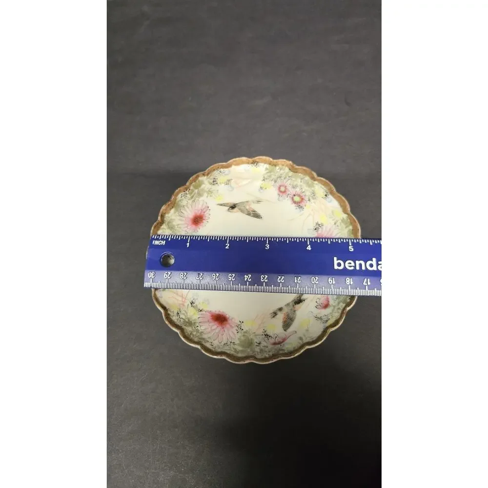 Vintage Unmarked Porcelain Plate Birds Pink Floral Gold Trim Scalloped Edge